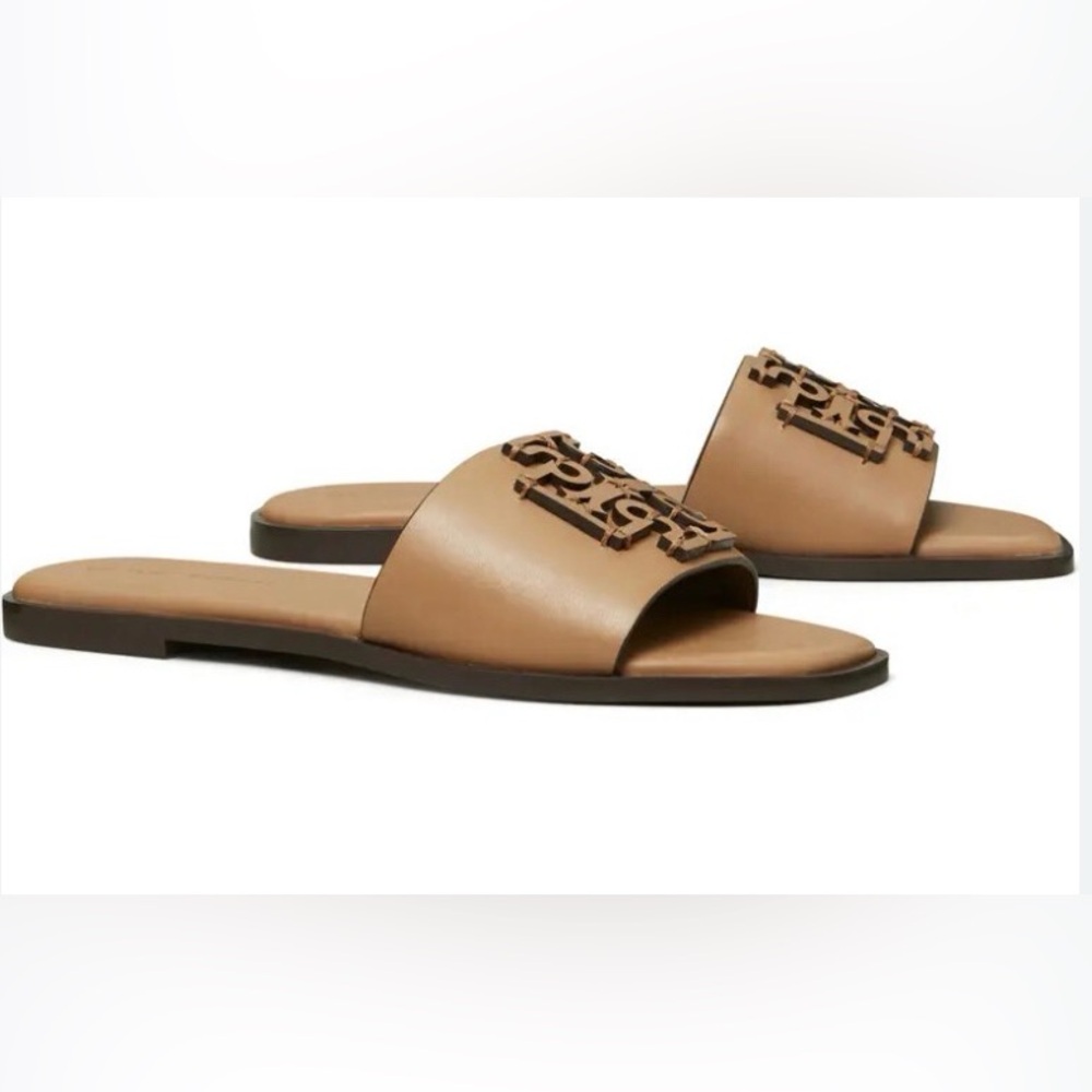 Tory Burch Ines Slides Almond Flour Leather Logo Women Sandals Size 8 NIB